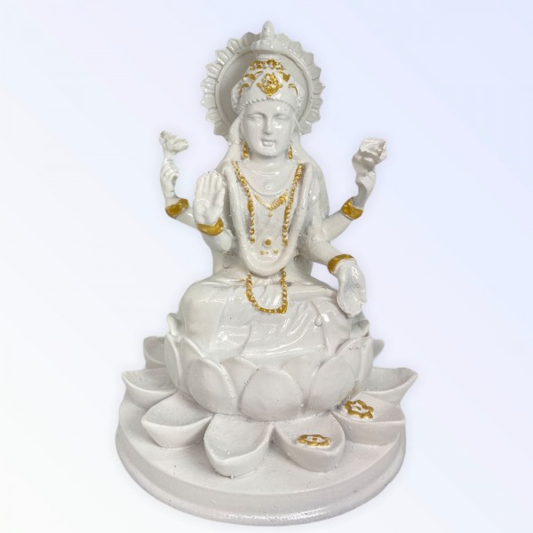 Escultura Deusa Lakshmi na Flor de Lotus Branca eDourado 15cm Resina