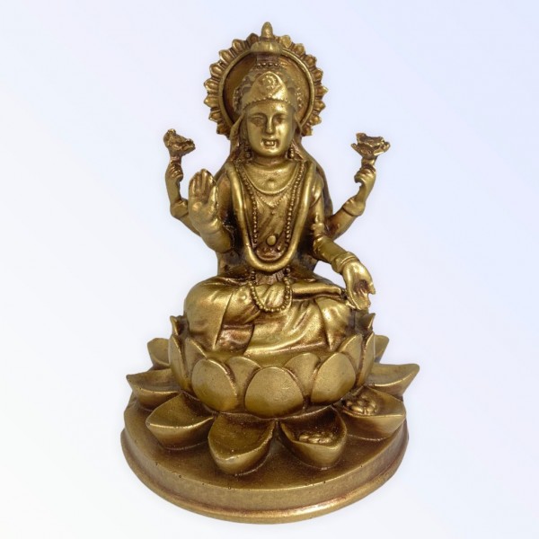 Escultura Deusa Lakshmi na Flor de Lotus Dourada 15 cm Resina