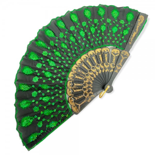 Leque Pomba Gira Cigana verde esmeralda paetê luxo estampado com brilho
