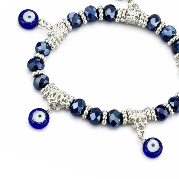 Pulseira 5 Olho Grego Penduricalho Azul Escuro 8 mm Cristal e Silicone