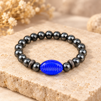 Pulseira Ogum Búzios Azul Hematita Cristal e Silicone  8 mm