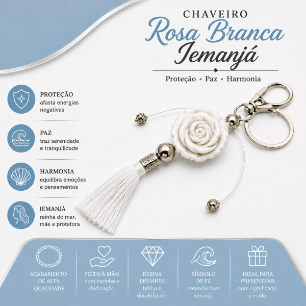 Chaveiro Rosa Branca Iemanjá 16 cm em Resina