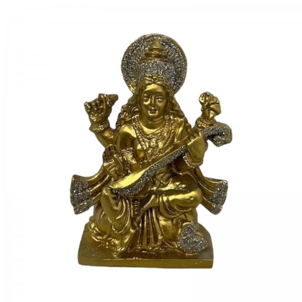 Escultura Deusa Saraswati da Sabedoria 11 cm Dourada em Resina