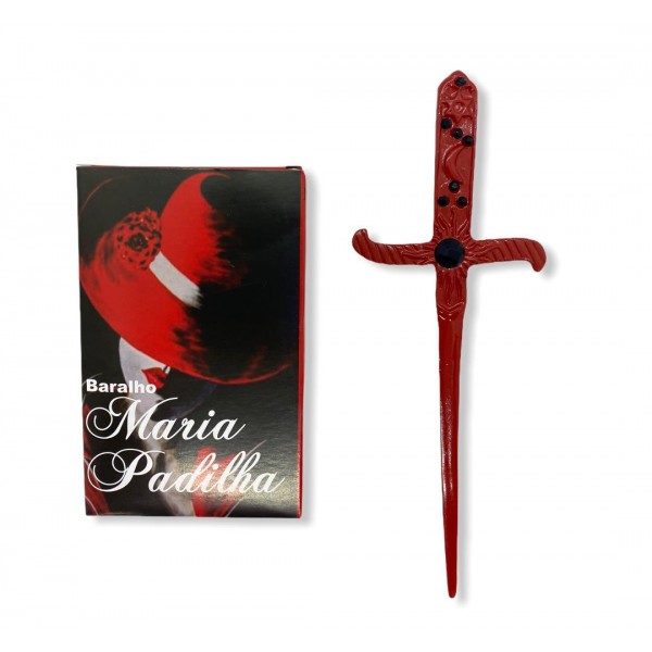 kit baralho Maria Padilha e Athame vermelho  com pedra preta