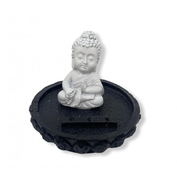 Incensário Buda Japamala branco e preto sentado na flor de lotus 7 cm em resina 