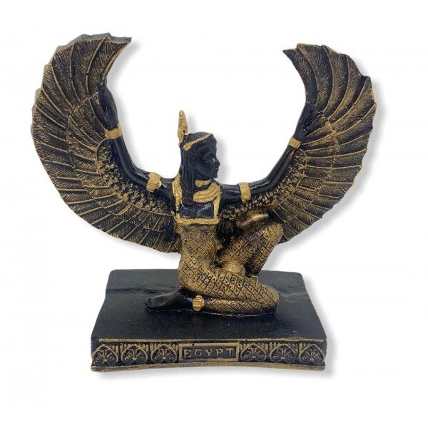 Escultura Egipcia Isis de Asas Abertas Dourada 10cm Resina 