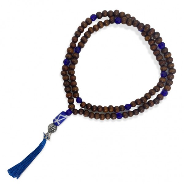 Japamala Ogum 108 contas 45 cm em madeira 8 mm pompom azul - meditação